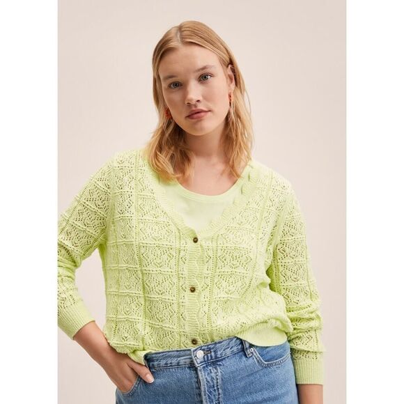 Mango MGO Openwork Knit Cardigan Yellow Winter Boho Urban V Neck Plus Size 3X - Picture 3 of 13